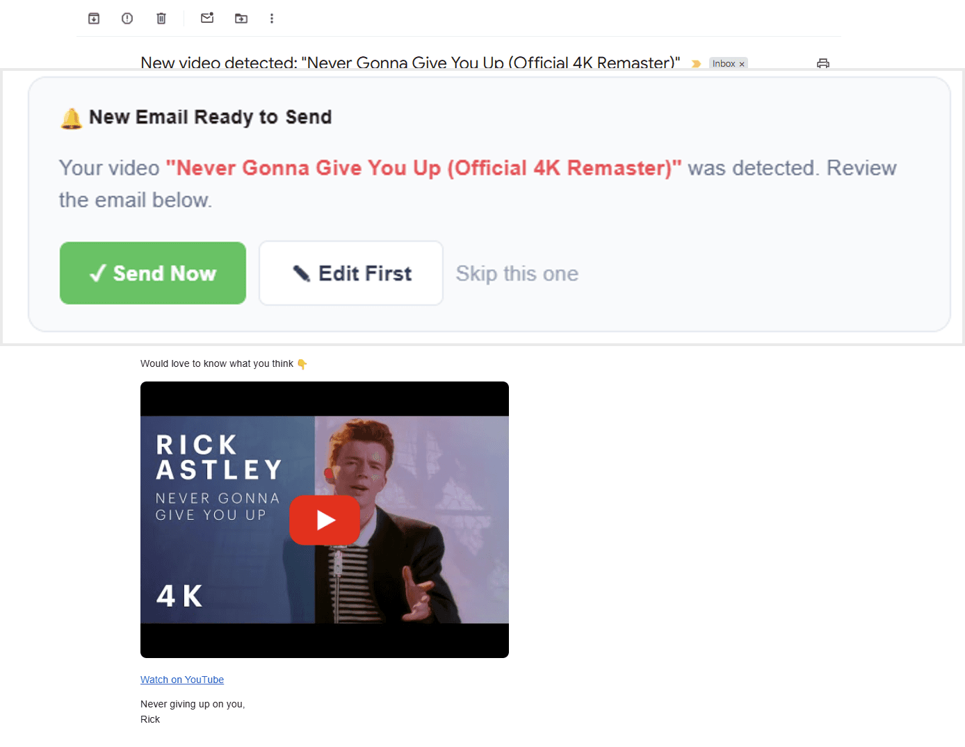 Creator approval email - review and send with one click